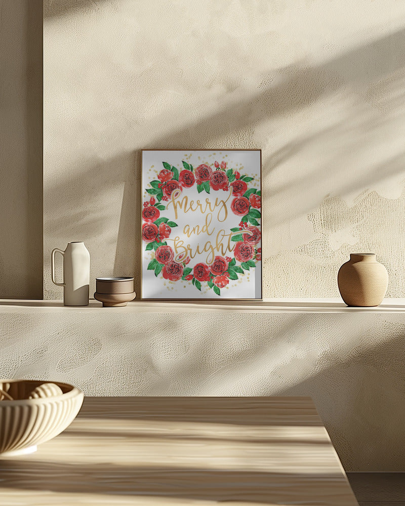 Merry and bright wreath of red English roses Poster