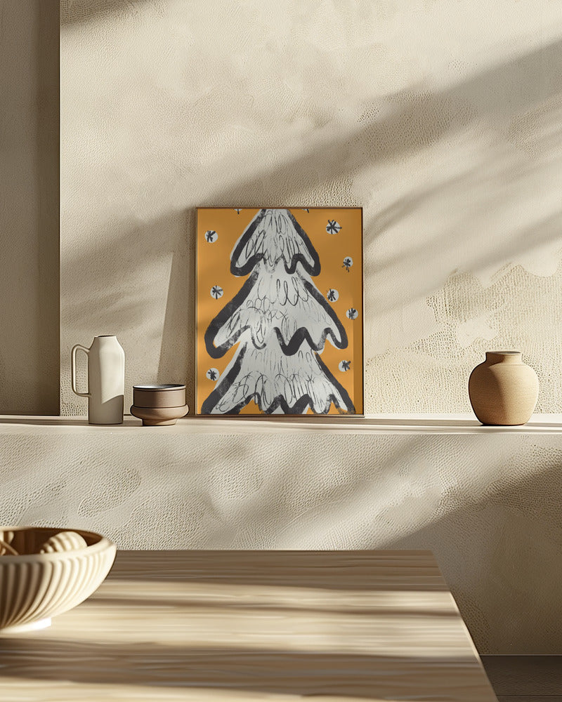 Christmas Tree And Snow Yellow Poster