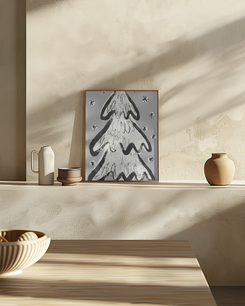 Christmas Tree And Snow Grey Poster