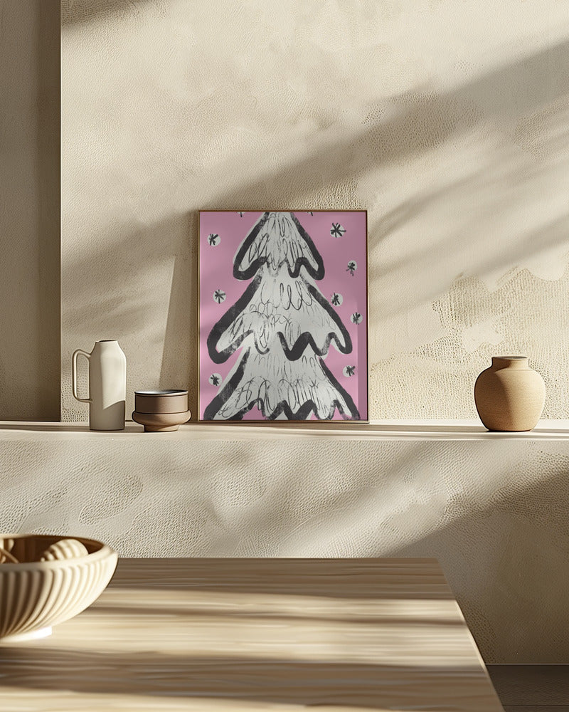 Christmas Tree And Snow Pink Poster