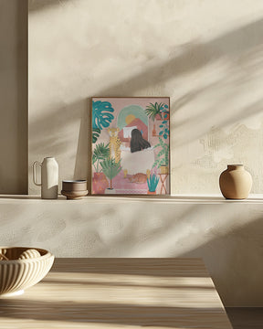 Woman taking bath in pink tropical bathroom Poster