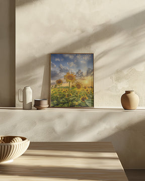 Sunflower field at sunset Poster