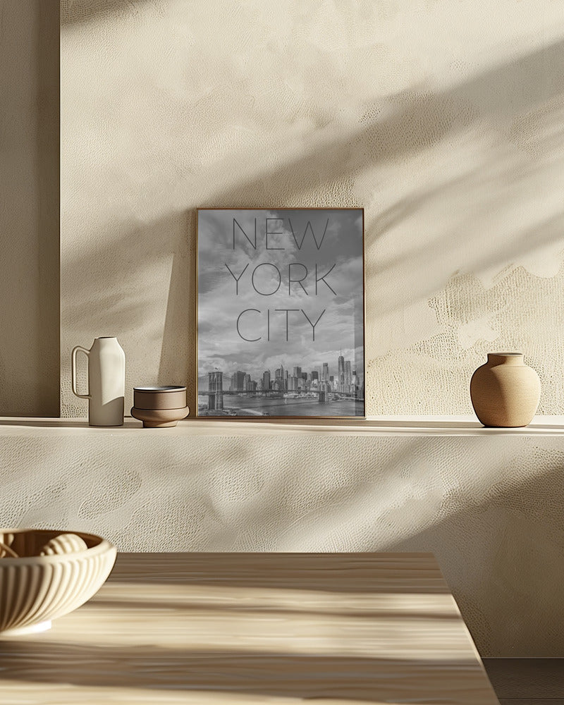 NYC Brooklyn Bridge &amp; Lower Manhattan | Text &amp; Skyline Poster