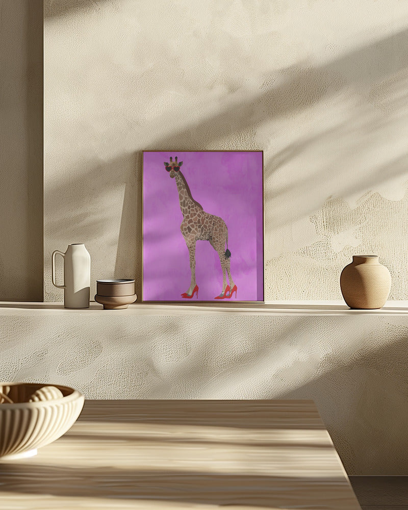 Giraffe wearing heels and heart glasses pink Poster