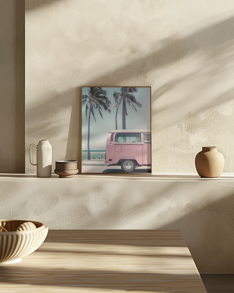 Pink Bus By the Beach Poster