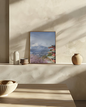 Unique view of Mount Fuji with Chureito Pagoda during cherry blossom season Poster