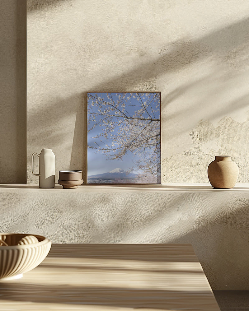 Charming view of Mount Fuji with cherry blossoms	 Poster