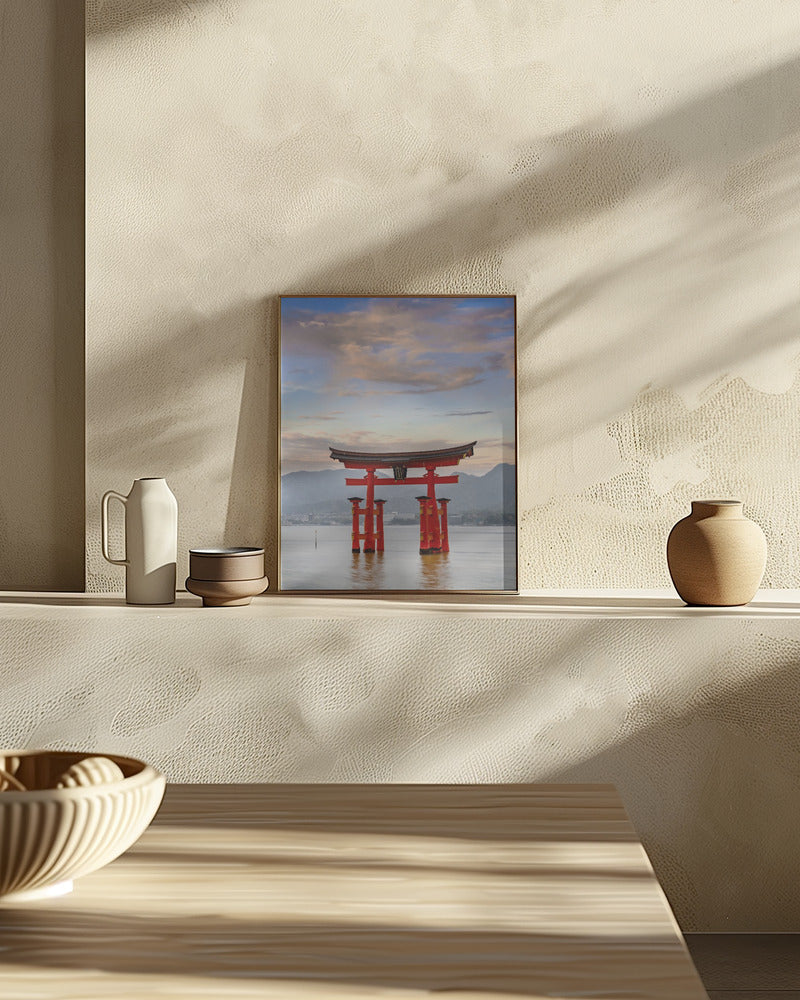 Vermilion Torii of Itsukushima Shrine on Miyajima in the evening Poster