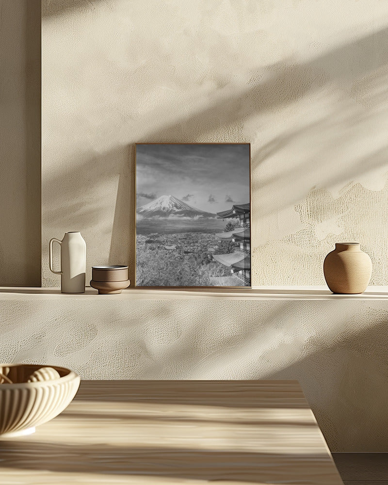 Unique view of Mount Fuji with Chureito Pagoda during cherry blossom season - monochrome Poster