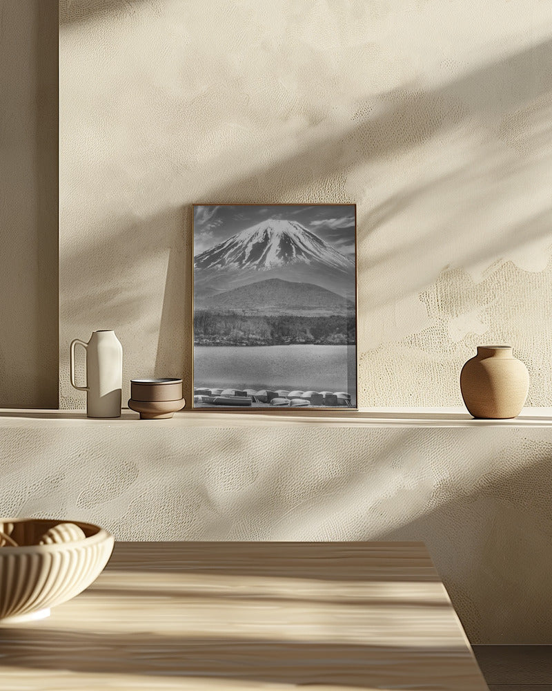 Picturesque Lake Shoji with striking Mount Fuji - monochrome Poster