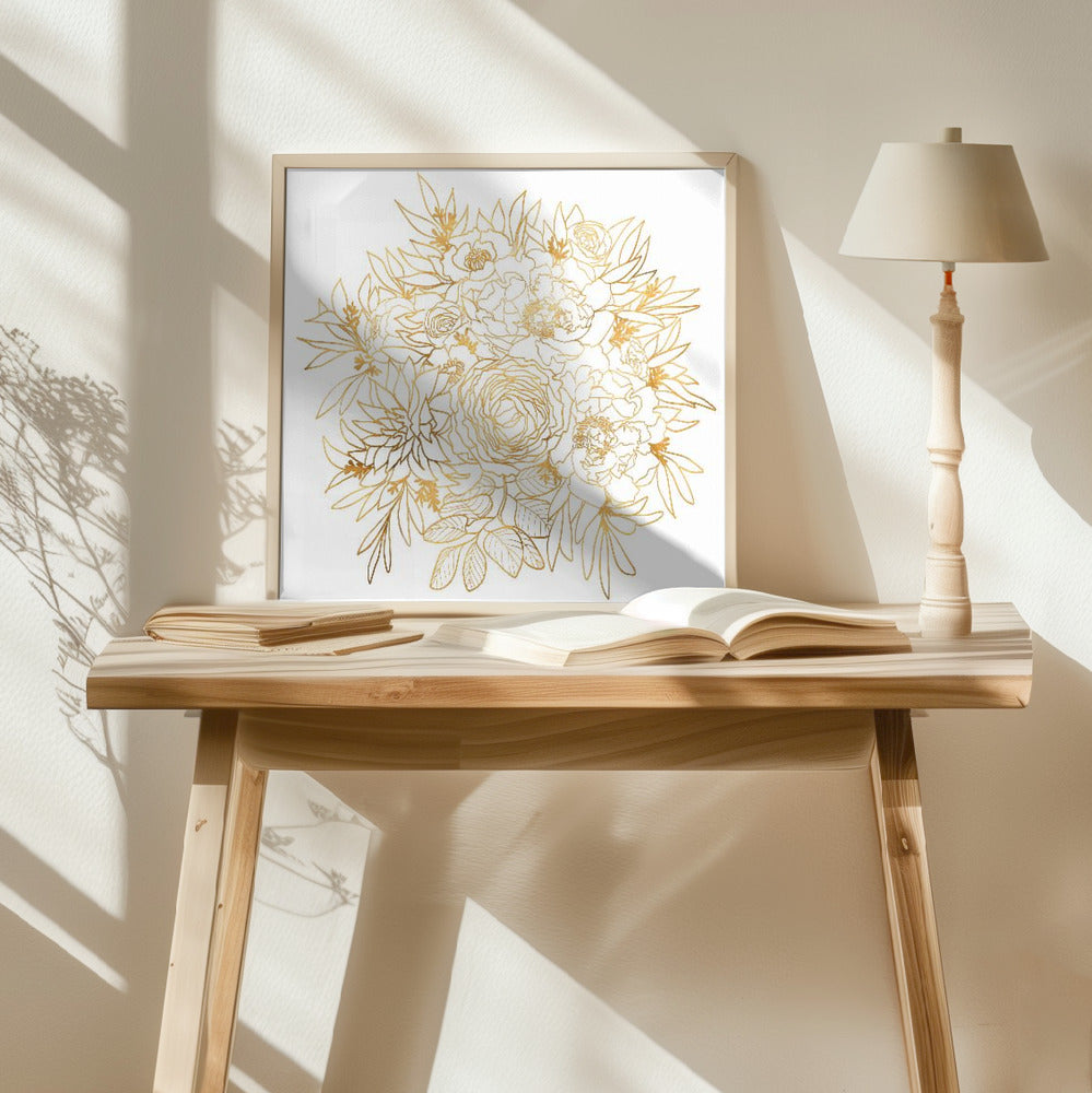 Nanette line art bouquet in gold Poster