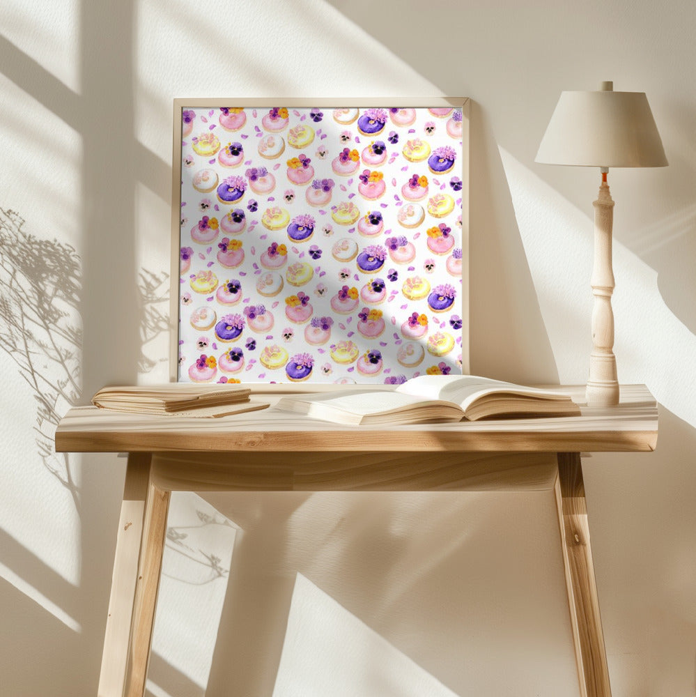 Floral watercolor donuts pattern Poster