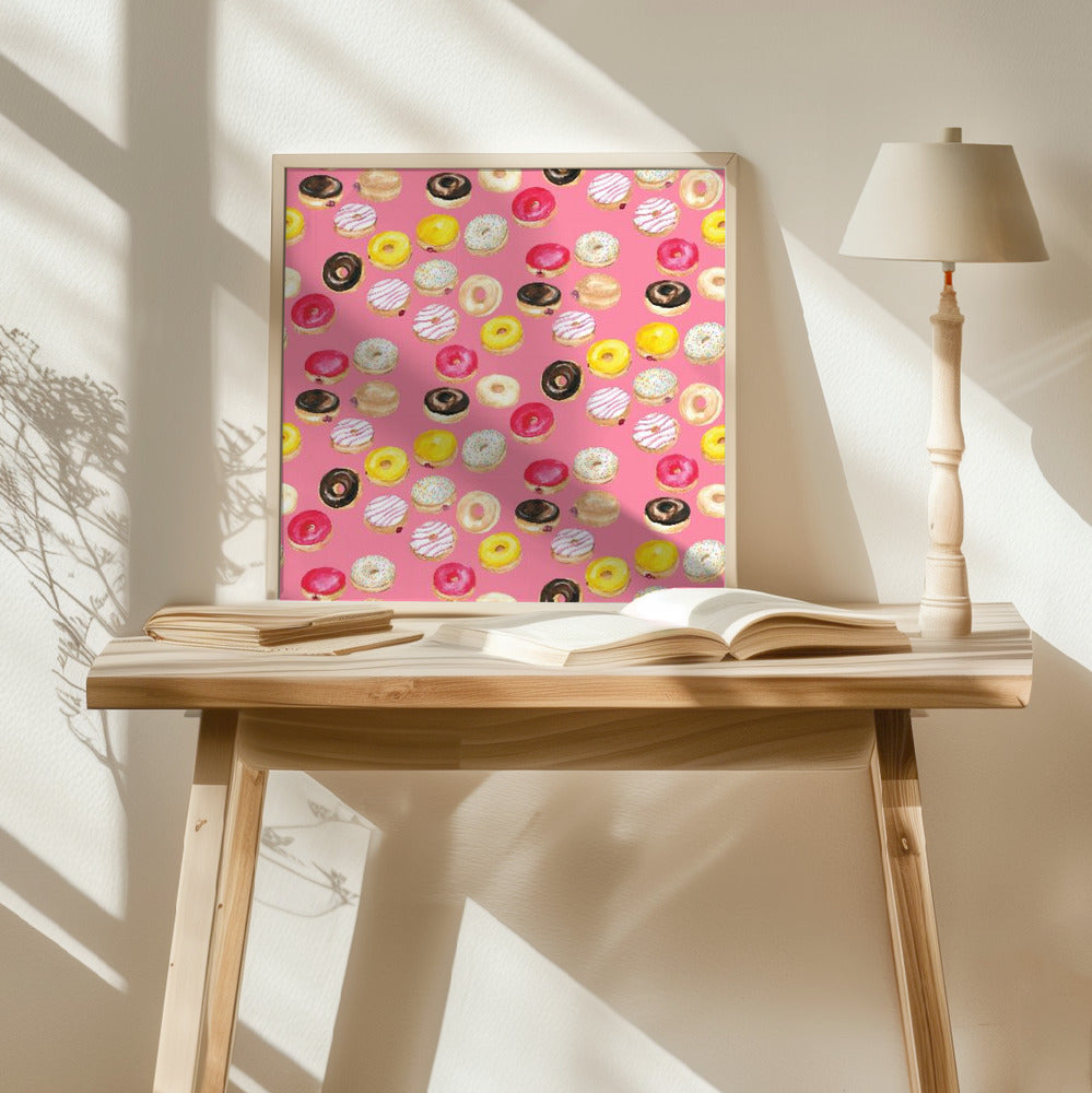 Watercolor donuts pattern in hot pink Poster