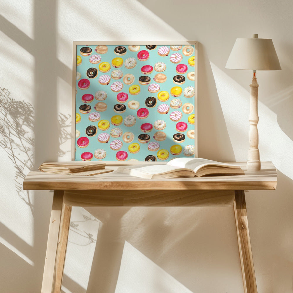 Watercolor donuts pattern in aqua Poster