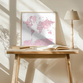 Pink watercolor world map with outlined countries, Melit Poster