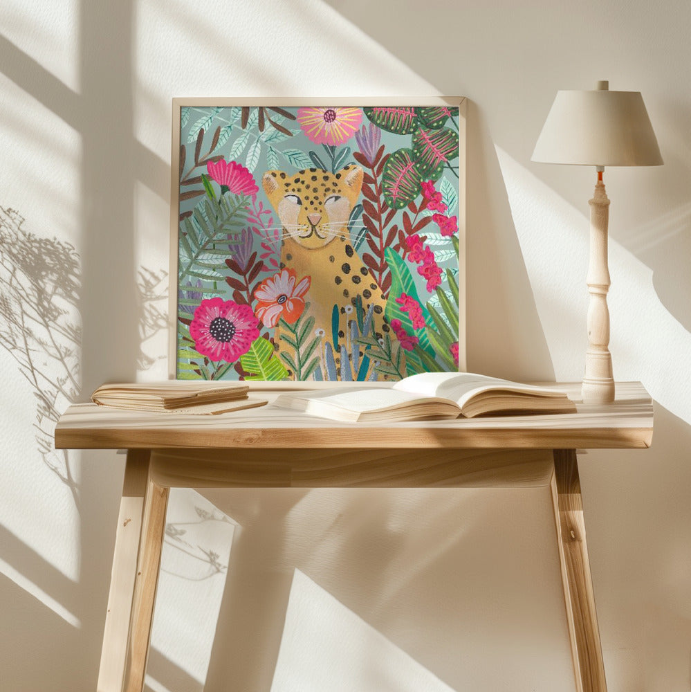 Leopard in floral jungle Poster
