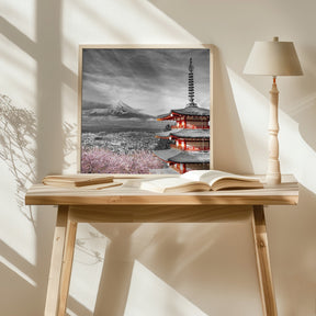 Lovely view of Mount Fuji with Chureito Pagoda during cherry blossom season - colorkey Poster