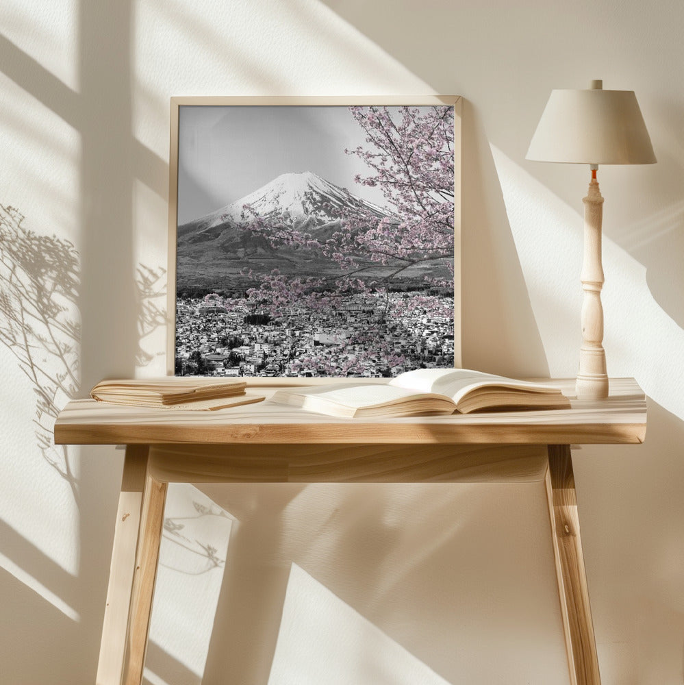 Charming view of Mount Fuji during cherry blossom season - colorkey Poster