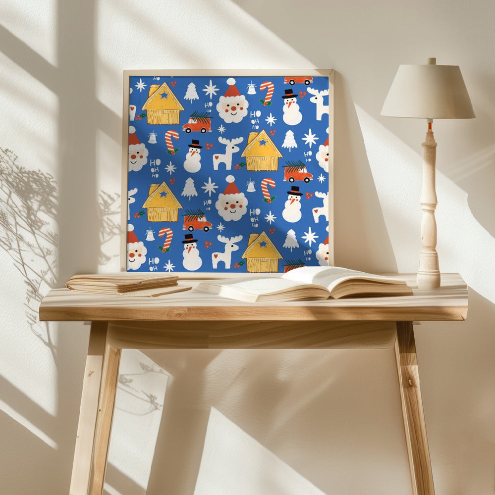 Holiday Christmas Santa Workshop Minimal Retro Blue Poster