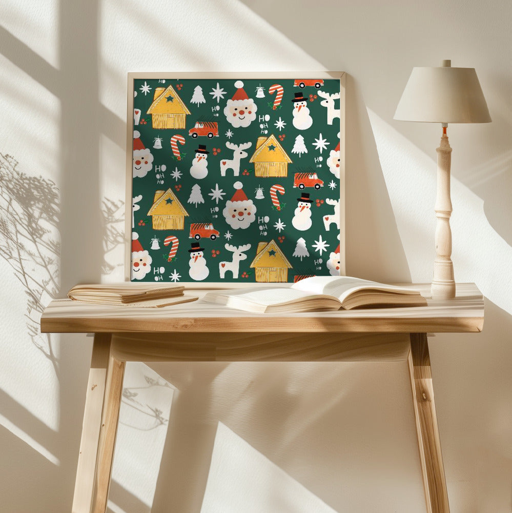 Holiday Christmas Santa Workshop Minimal Retro Green Poster