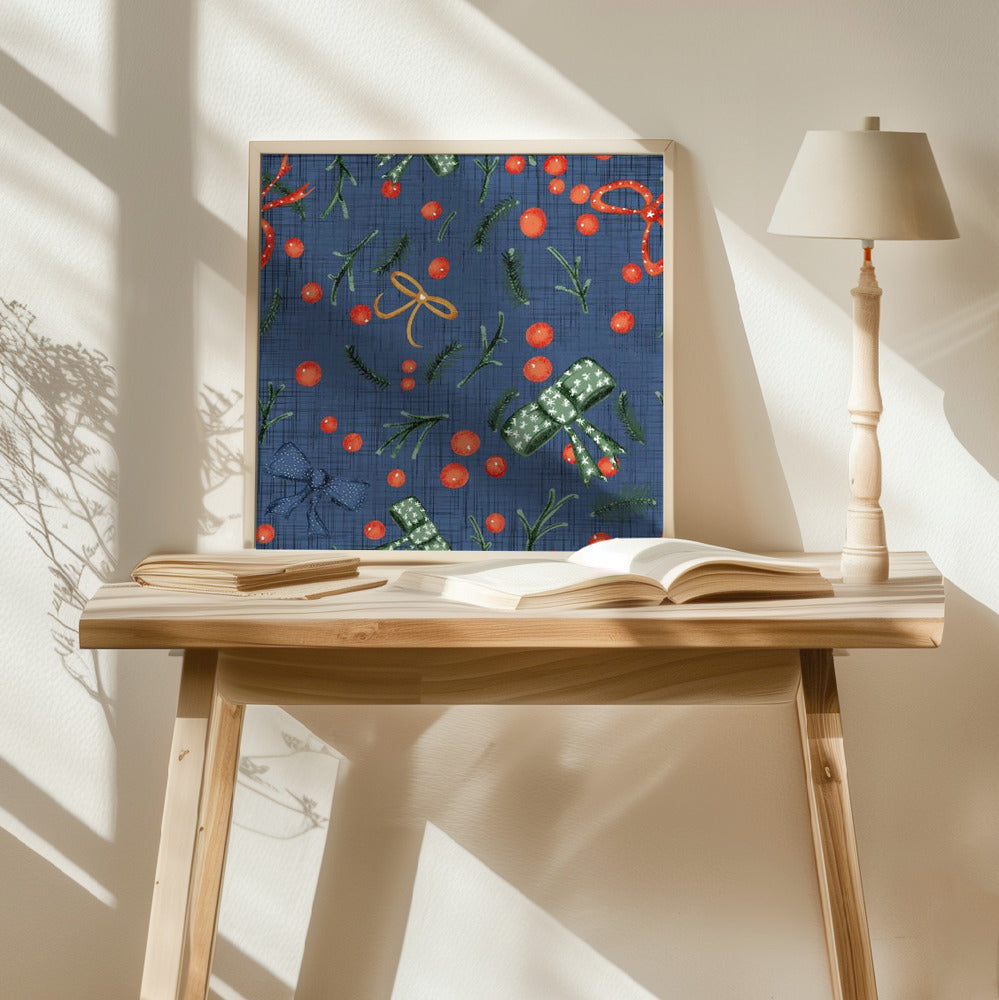 Moody Yuletide Holiday Bows and Berries Blue Poster