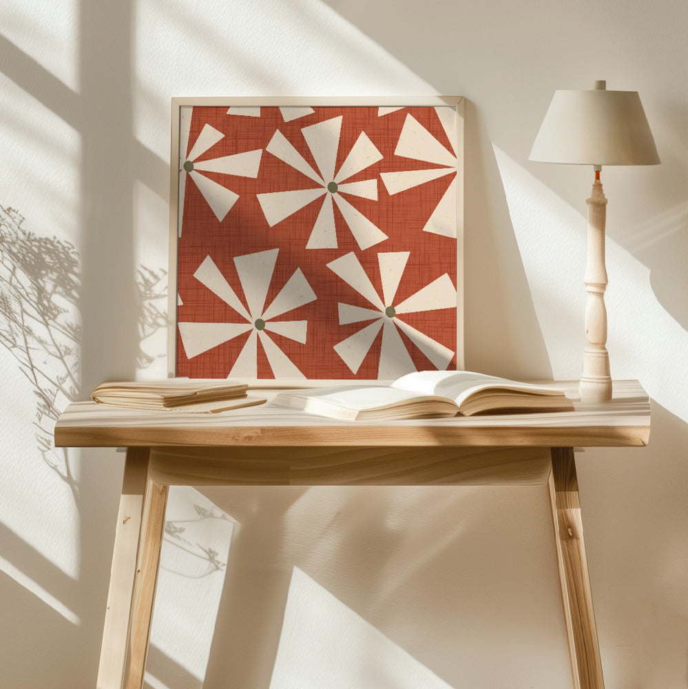 Geometric Floral Burst - Mid Century Flowers Rust Red Poster