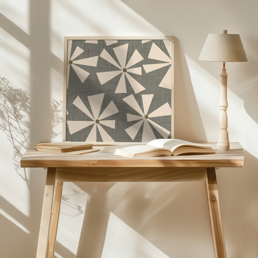 Geometric Floral Burst - Mid Century Flowers Taupe Poster