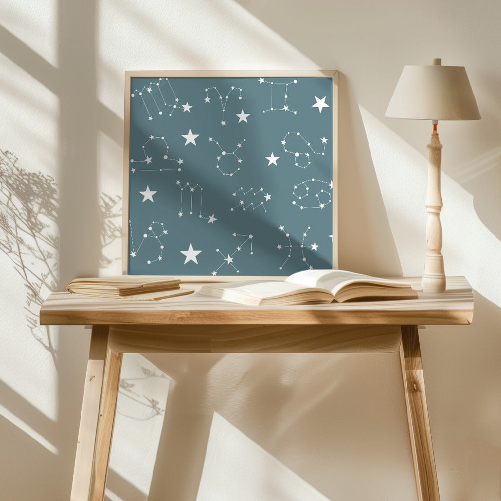 Celestial Constellation Boho-Moon and Stars In Dark Neutral-Slate Teal Poster