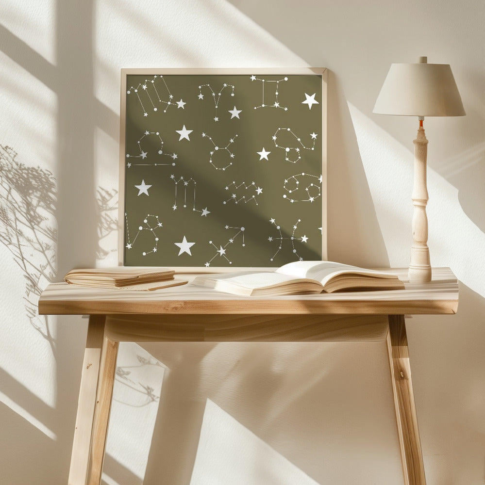 Celestial Constellation Boho-Moon and Stars In Dark Neutral-Olive Poster