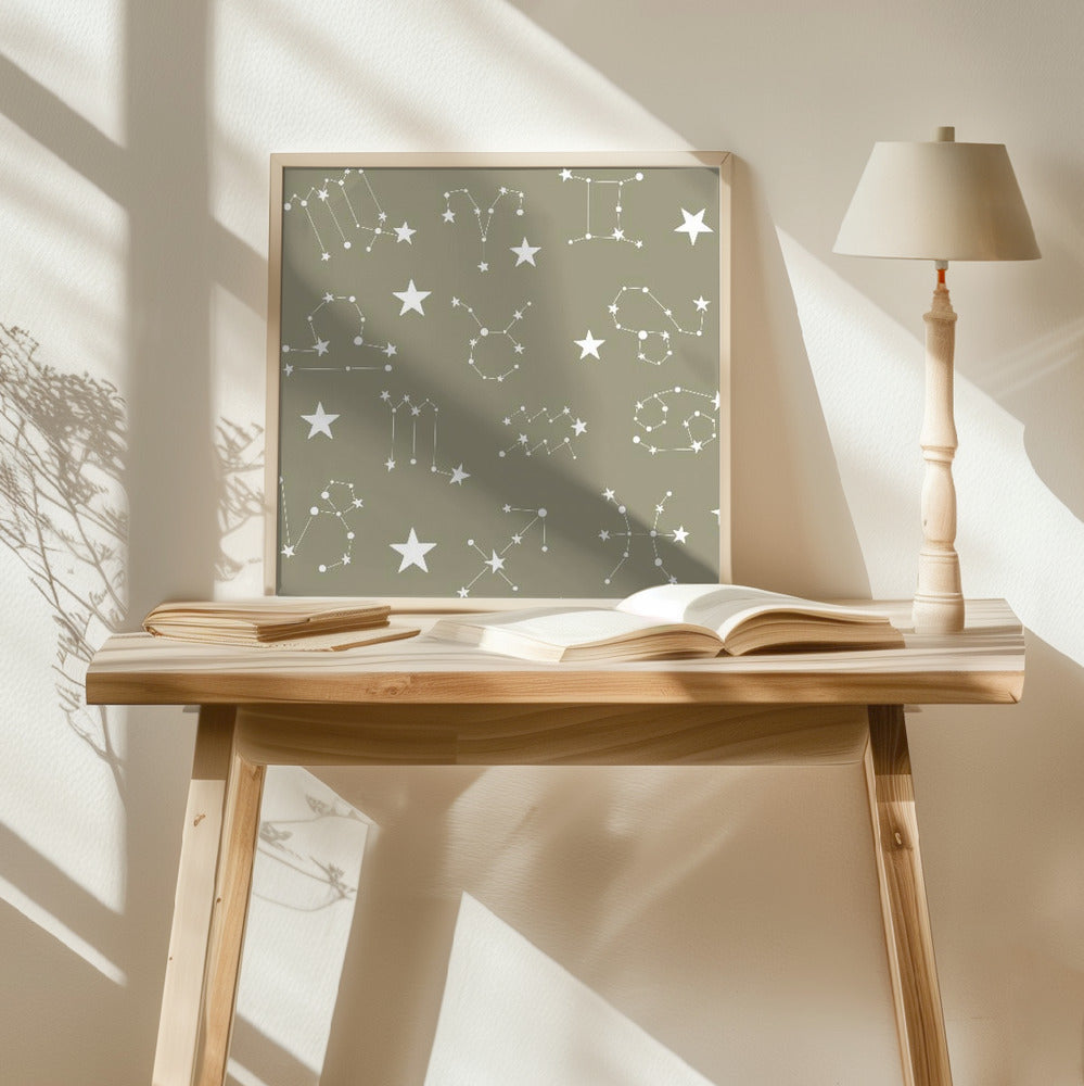 Celestial Constellation Boho-Moon and Stars In Dark Neutral - Olive Slate Poster