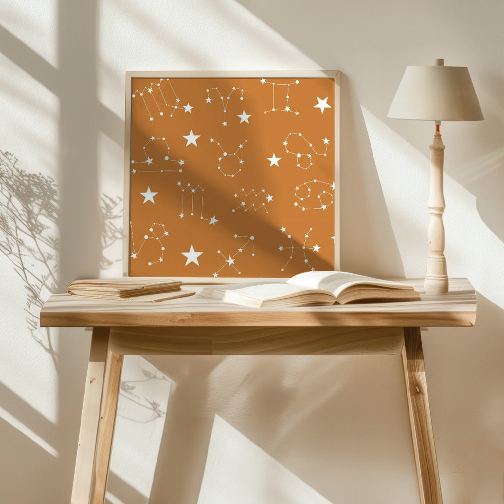 Celestial Constellation Boho-Moon and Stars In Dark Neutral- Ocher Poster