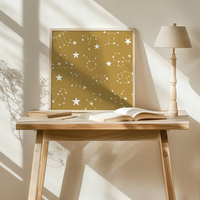 Celestial Constellation Boho-Moon and Stars In Dark Neutral-Mustard Poster