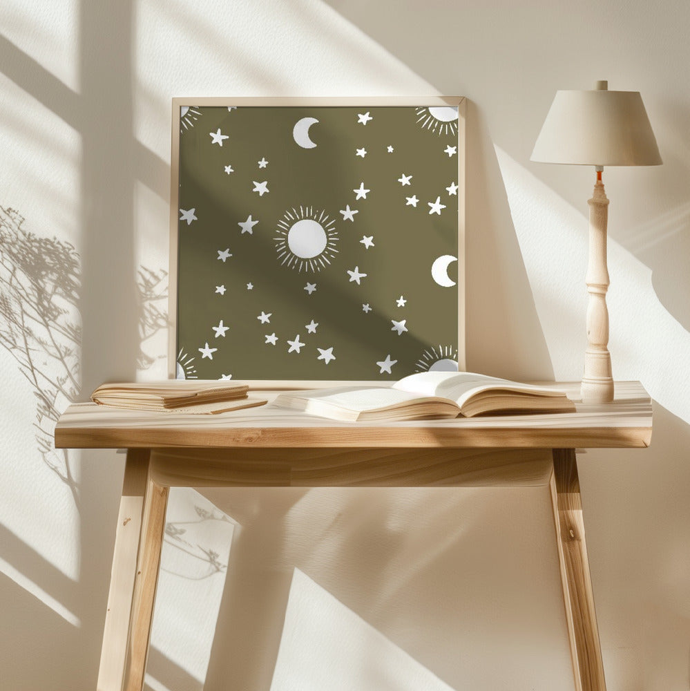 Celestial Dreamscape - Neutral Stars &amp; Shooting Stars Nursery- Olive Poster