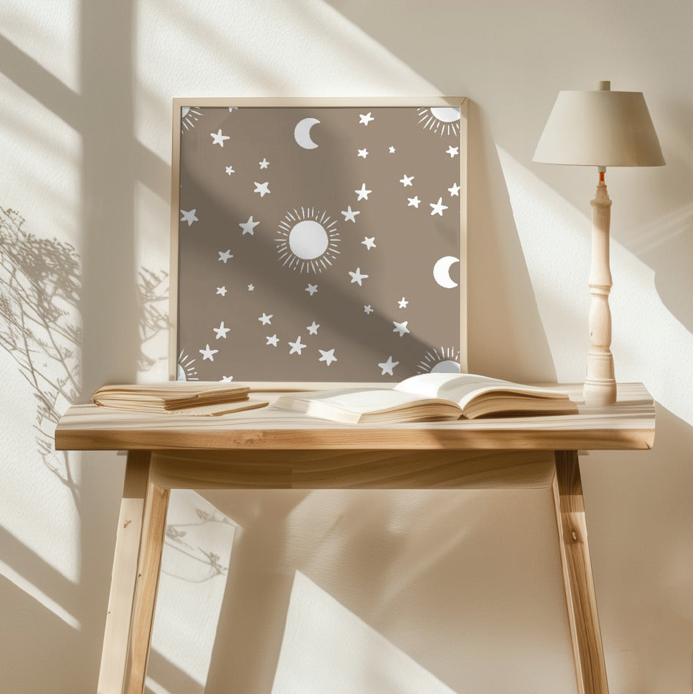 Celestial Dreamscape - Neutral Stars &amp; Shooting Stars Nursery- Taupe Poster