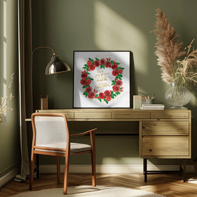 Holiday wishes wreath of red English roses Poster