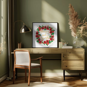 Merry and bright wreath of red English roses Poster