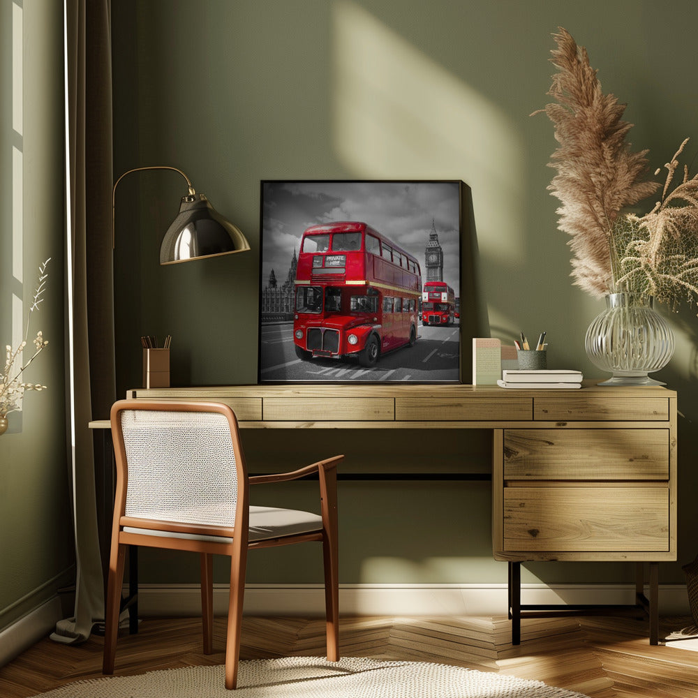 LONDON Red Buses on Westminster Bridge Poster