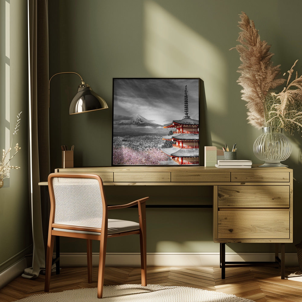 Lovely view of Mount Fuji with Chureito Pagoda during cherry blossom season - colorkey Poster