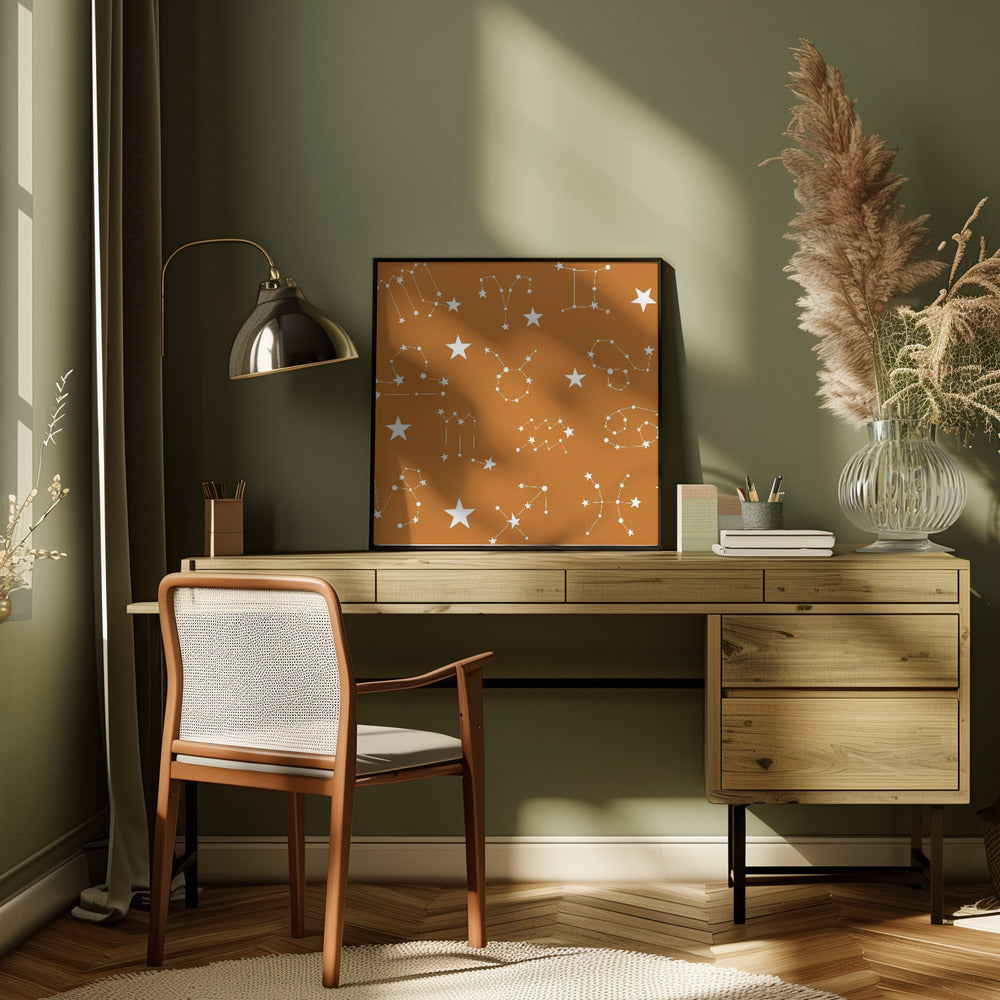 Celestial Constellation Boho-Moon and Stars In Dark Neutral- Ocher Poster