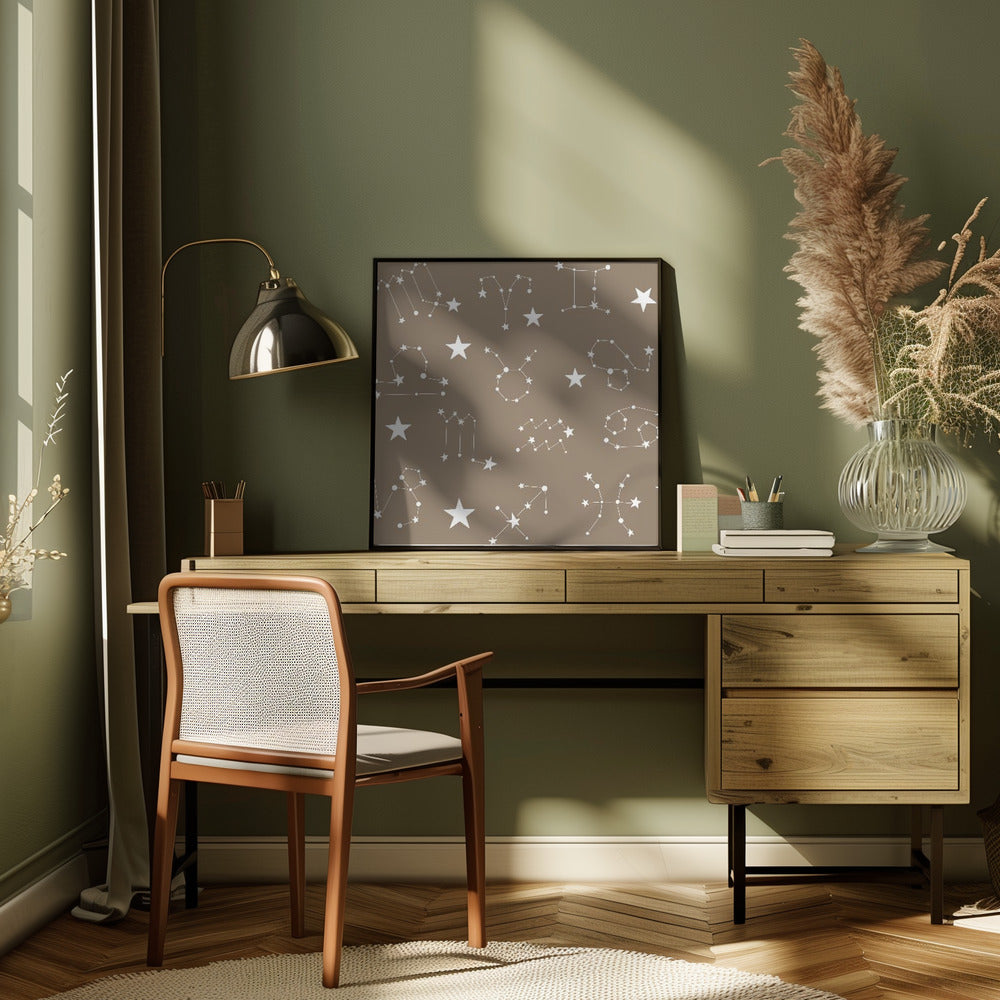 Celestial Constellation Boho-Moon and Stars In Dark Neutral- Taupe Poster