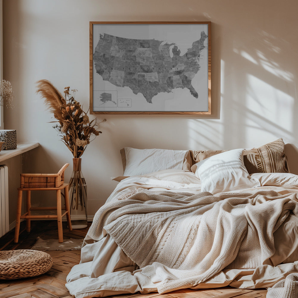 Gray watercolor map of the US Poster