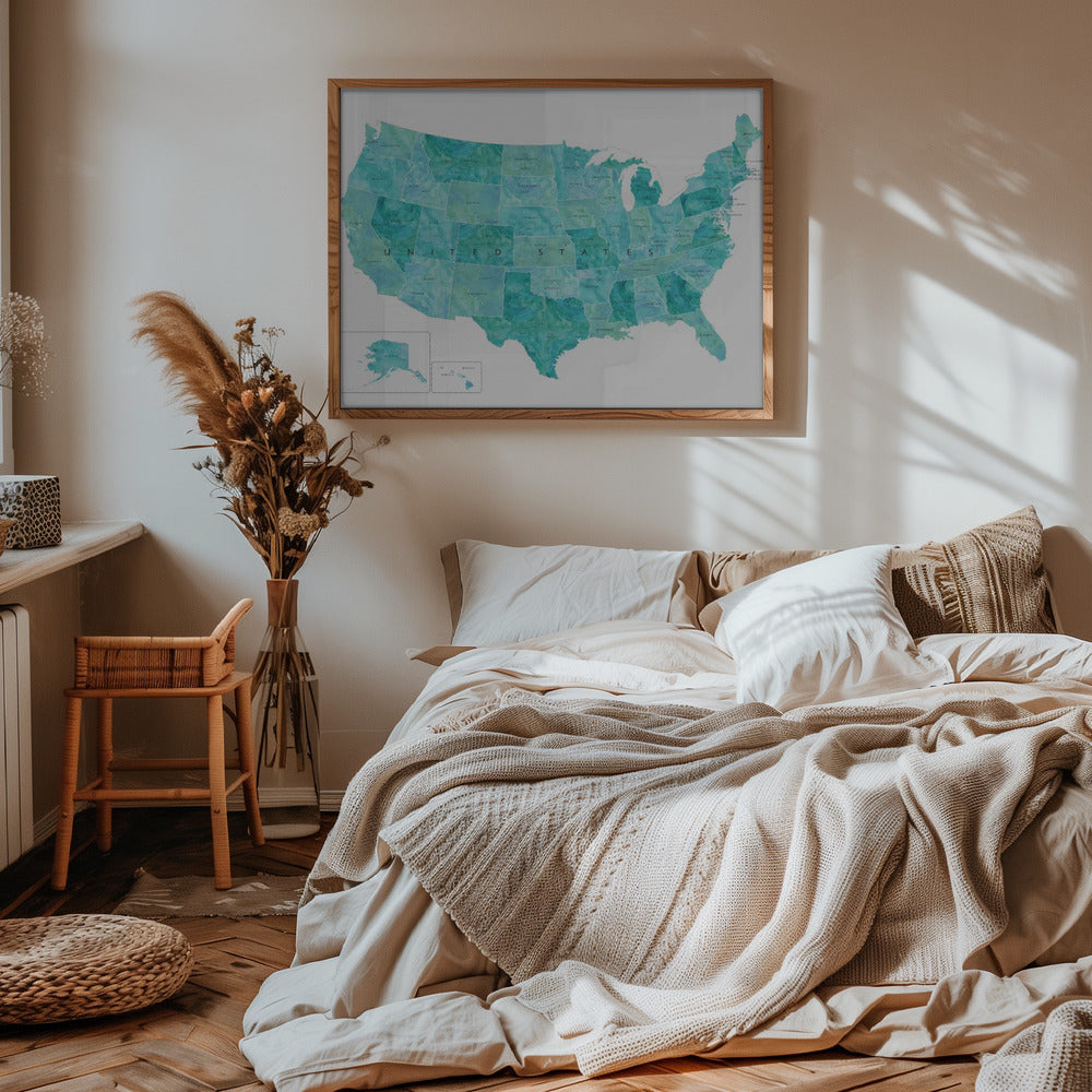 Aquamarine watercolor US map Poster