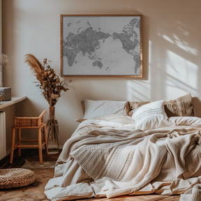 Pacific centered world map in gray watercolor Poster