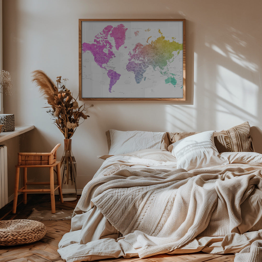 Watercolor world map with countries, Leo Poster