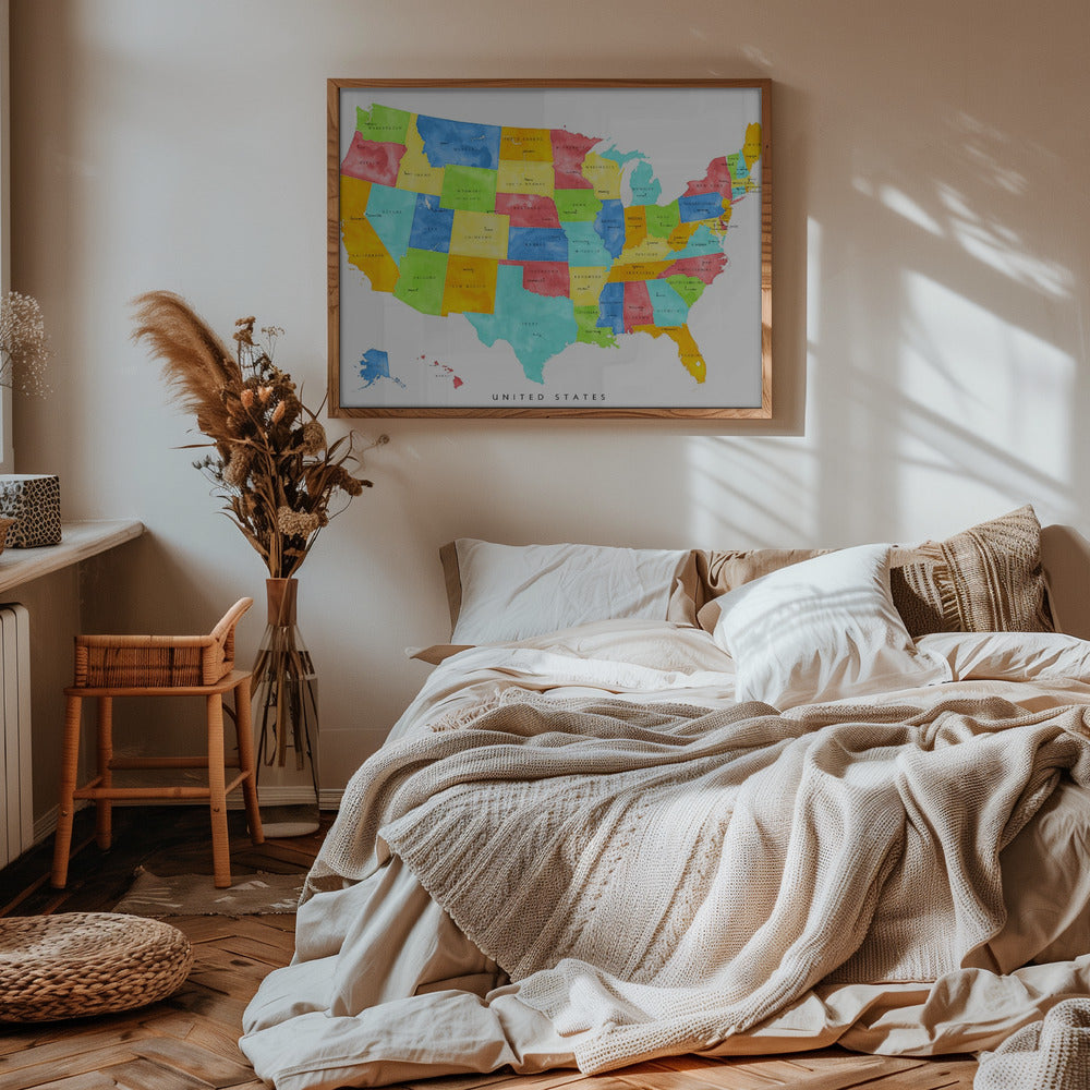 Colorful map of the United States with States and State capitals Poster