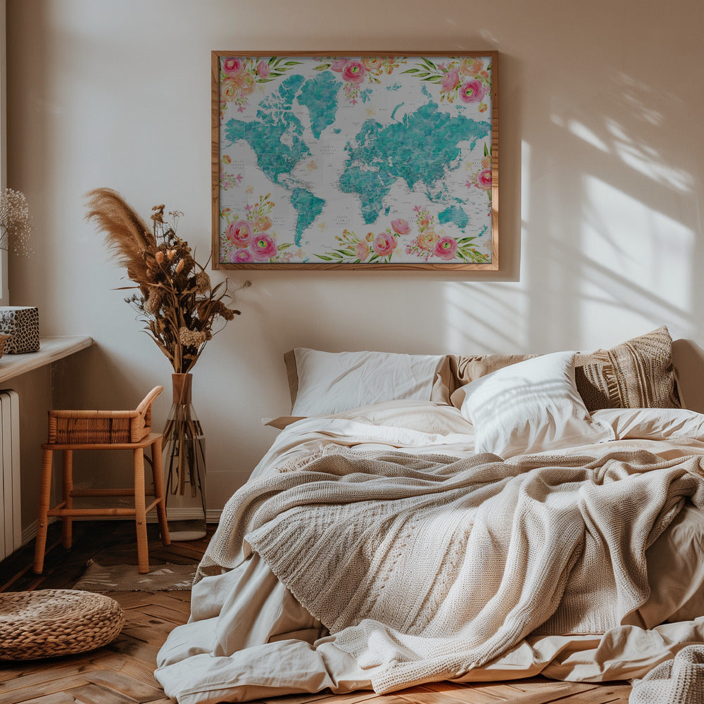 Detailed floral world map with cities, Haven Poster