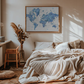 Blue watercolor world map with cities, Simeon Poster