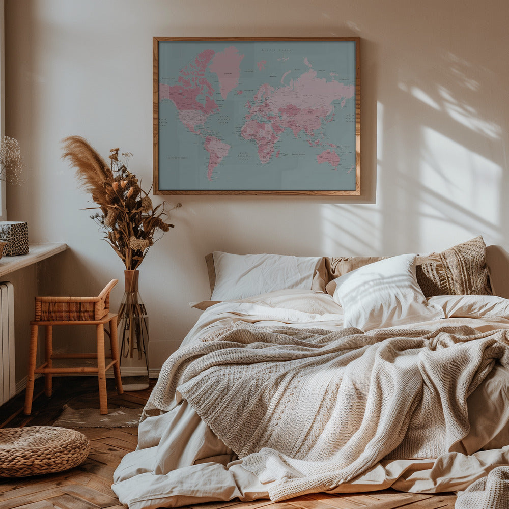 Pink and aqua world map with cities, Isobel Poster