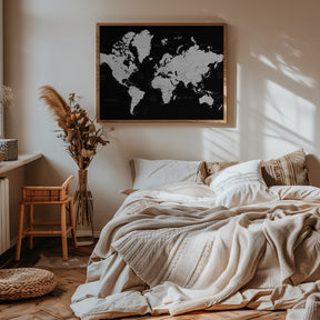 Black and white world map with cities, Connie Poster