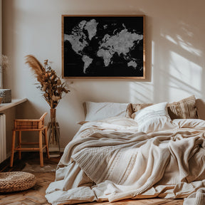 Gray world map with cities, Baibah Poster